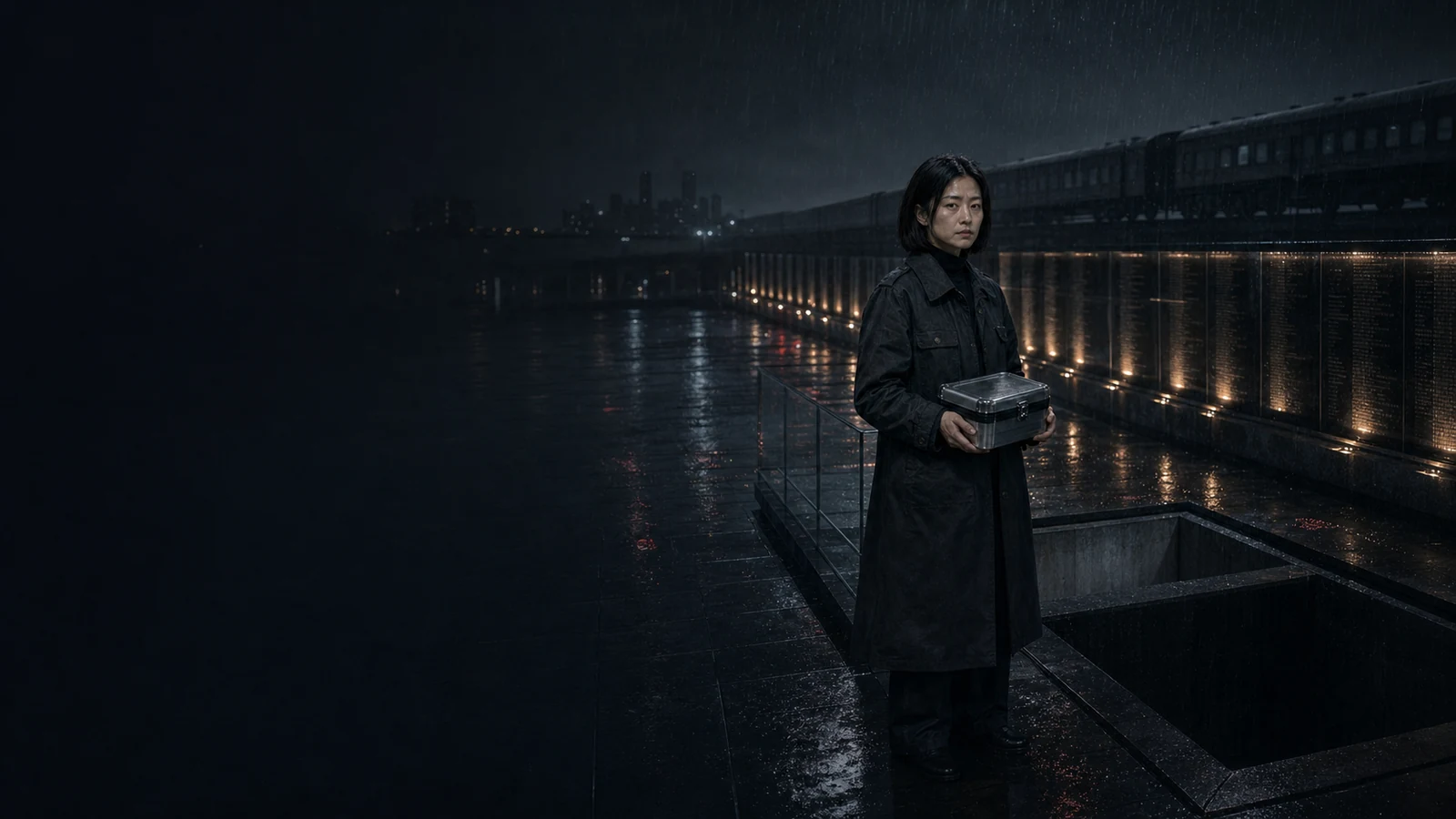 雨夜北隧纪念园里，法医沈砚秋抱着密封遗骨箱站在姓名墙与退役列车之间