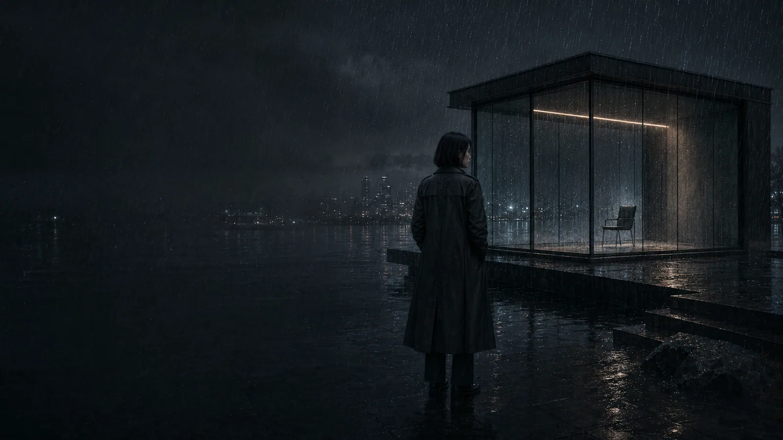 雨夜中的静默室与背身站立的调查者